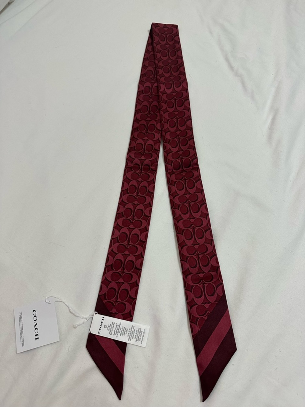 COACH DARK CRIMSON SIGNATURE C SILK SKINNY SCARF BAG TIE NWT - Picture 4 of 6